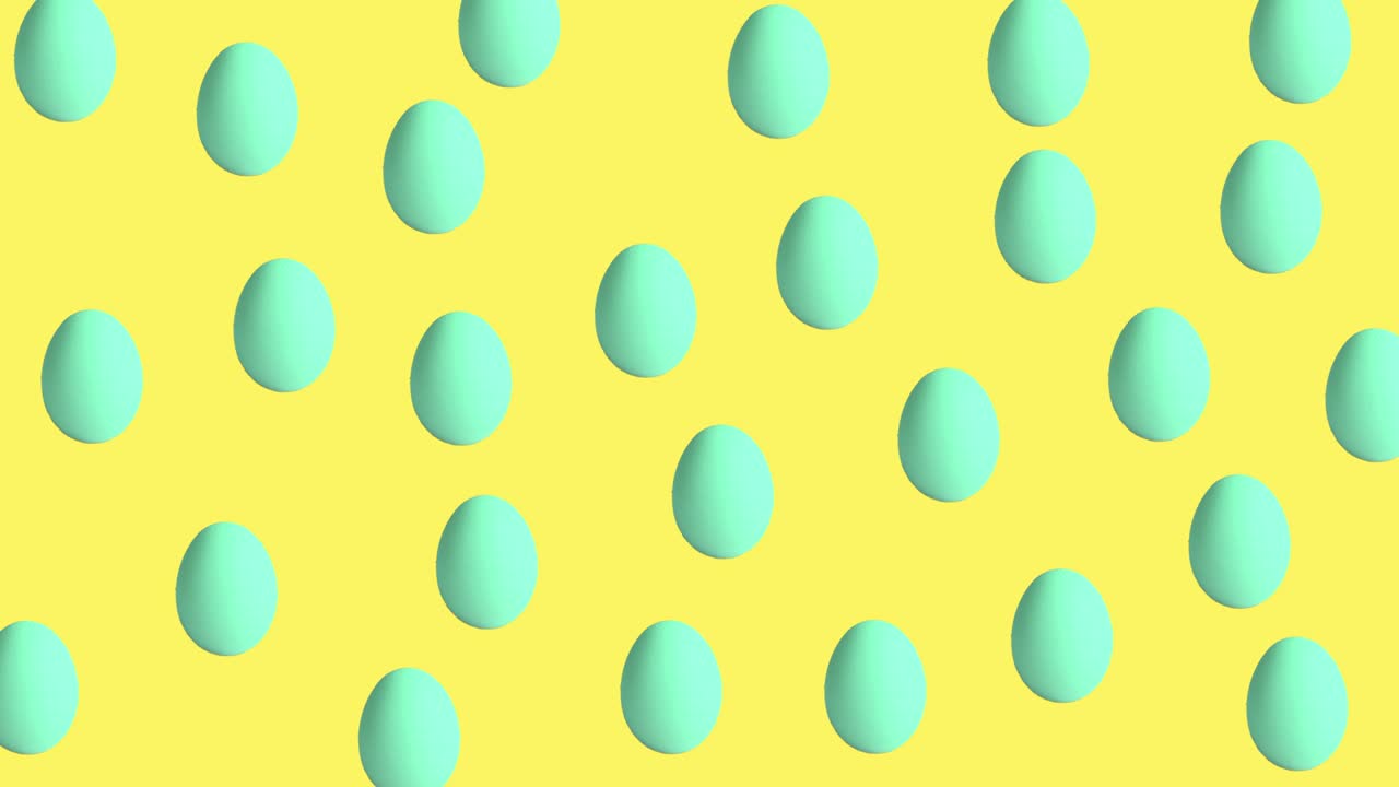 노란색 배경에서 흔들리는 초록색 또는 시안색의 의 생 계란과 함께 원활한 루프 애니메이션, 근접. 농산물의 측면 뷰 패턴, 부활절 개념