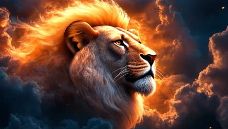 majestic lion surrounded by dramatic clouds at sunset