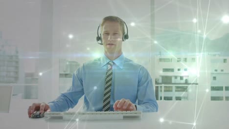 Animation-of-network-of-connections-over-businessman-wearing-phone-headset