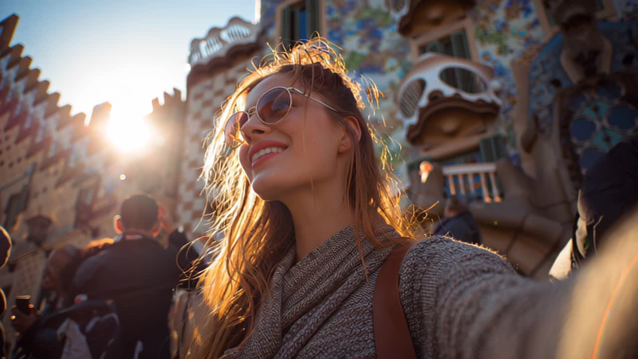 Giovane donna felice che si riprende per un selfie di viaggio in una piazza affollata della città, sorridendo verso il sole con folle e dettagli architettonici colorati sullo sfondo, catturando l'atmosfera spensierata delle vacanze