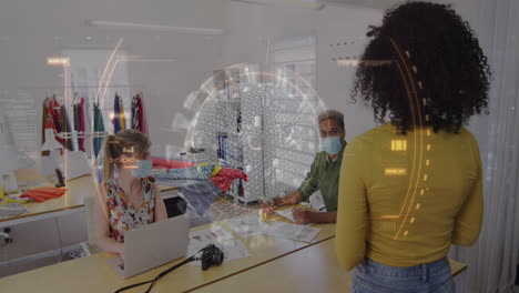 animation of digital interface showing statistics with colleagues in office wearing face masks