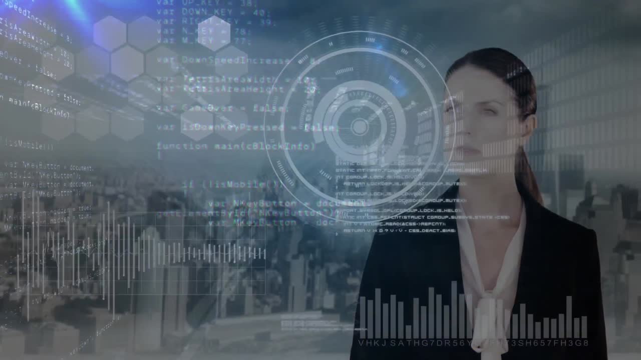 compuesto digital de una mujer de negocios tocando una pantalla futurista