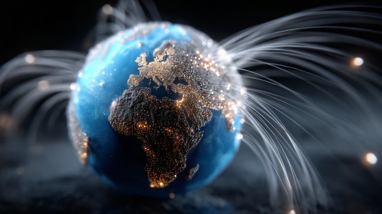 A Captivating Visual of a Glowing Earth Showcasing Digital Connections and Networked Data Flow, Highlighting Global Interconnectivity in a Stunningly Crafted 3D Animation