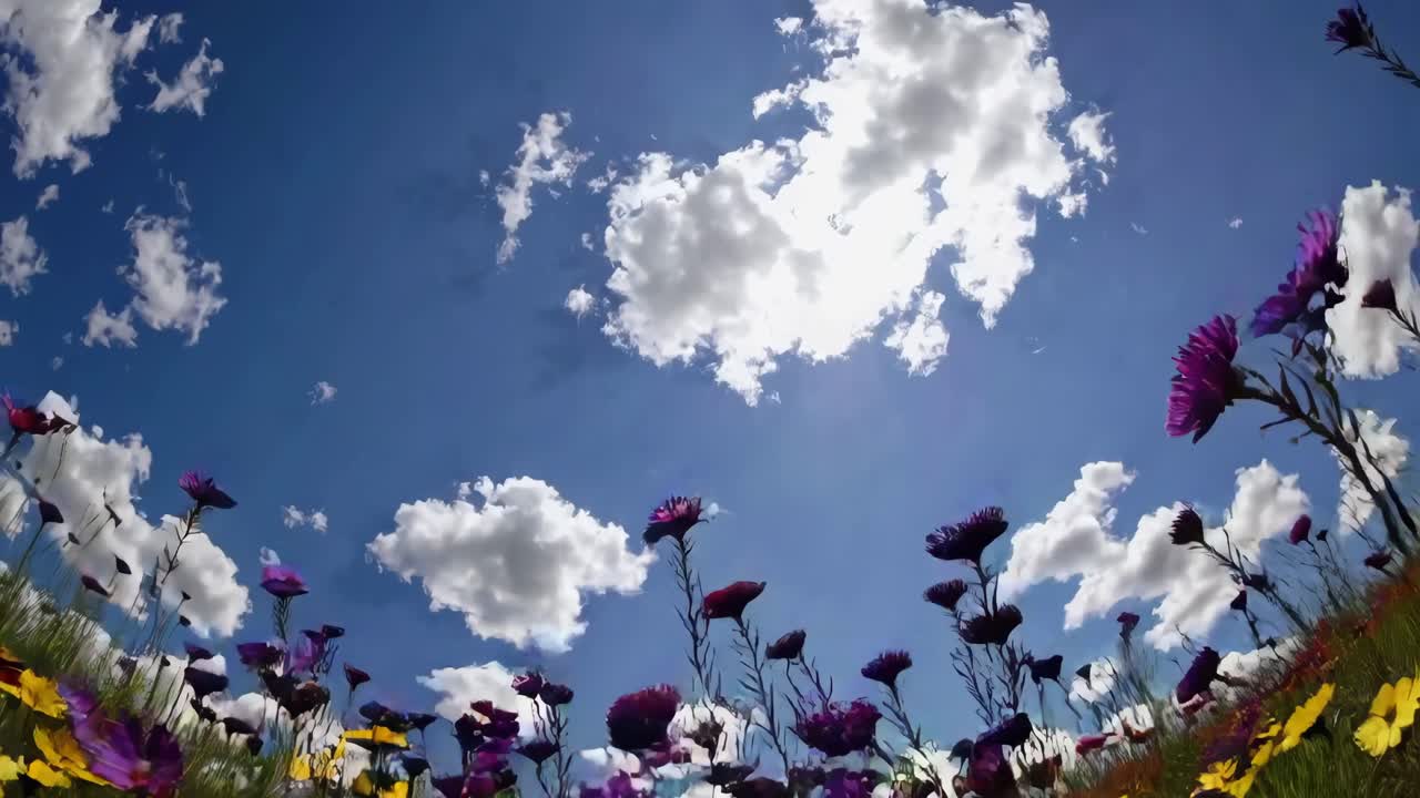 Fiori di campo vivaci in un prato, ripresi da un'angolazione bassa e con obiettivo grandangolare.