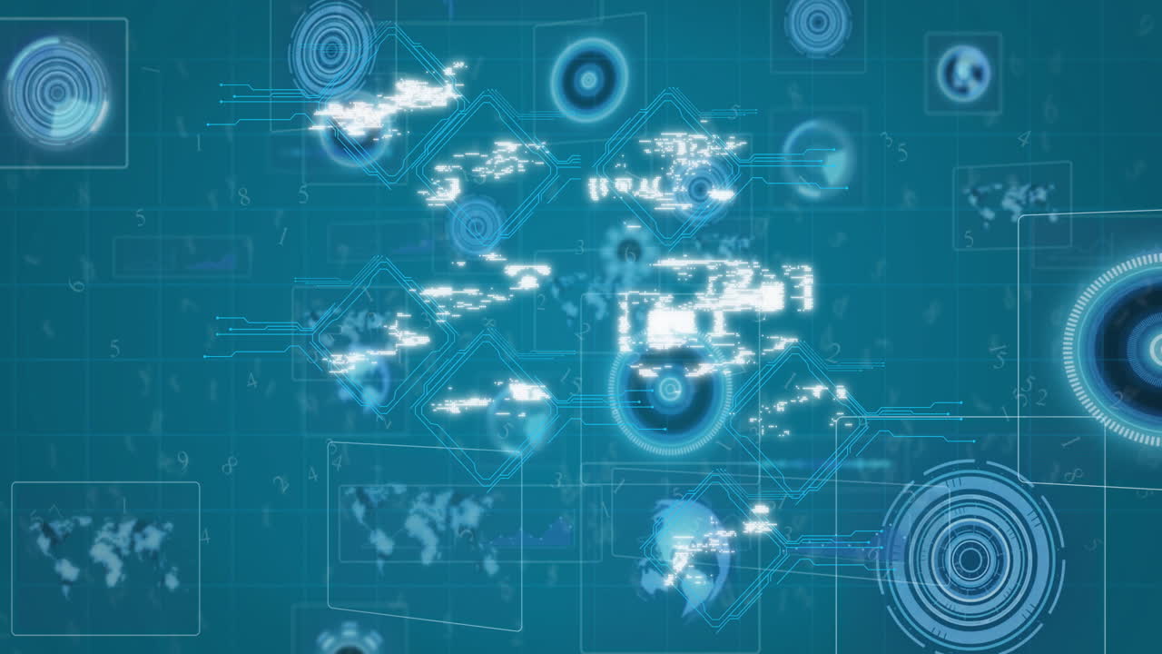 디지털 네트워크 배경에서 사이버 보안 아이콘과 데이터 보호 애니메이션