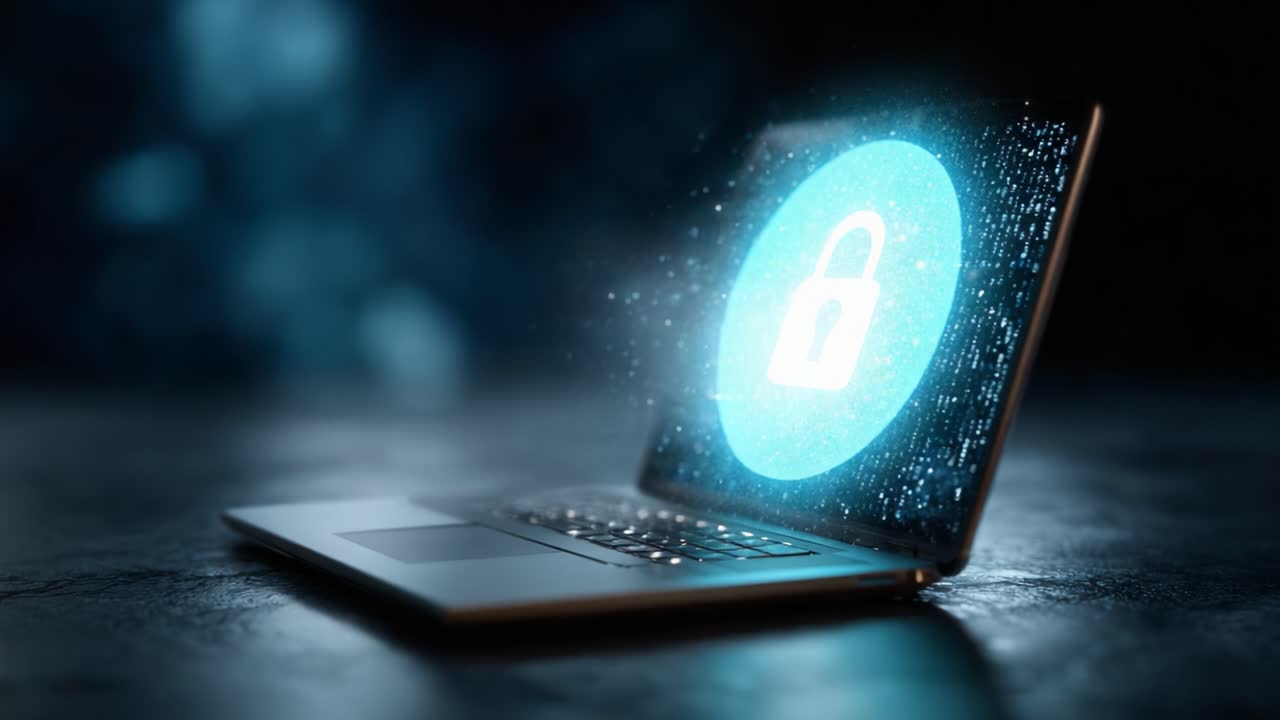 Digital Security: A Close-Up Journey Through the Animation of a Laptop Displaying a Lock Symbol, Representing Cyber Protection and Data Safety in a Virtual World