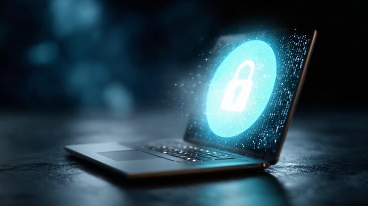 Sicurezza digitale: un viaggio ravvicinato nell'animazione di un laptop che mostra un simbolo di lucchetto, che rappresenta la protezione informatica e la sicurezza dei dati in un mondo virtuale