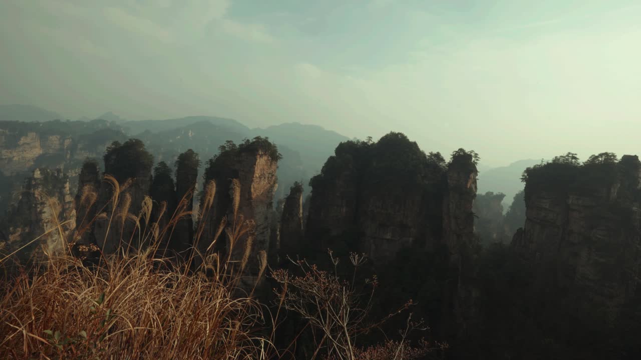 Epic Wide Shot of Zhangjiajie National Forest Park with Towering Sandstone Pillars