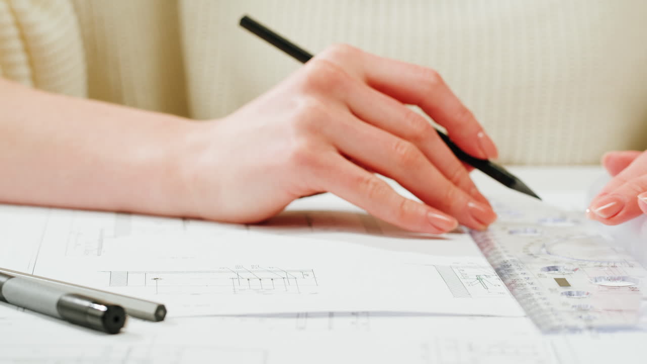 Close-up of hands drawing on blueprints with a ruler