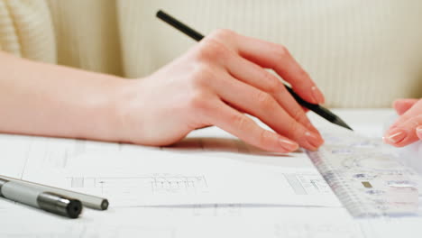 close-up of hands drawing on blueprints with a ruler
