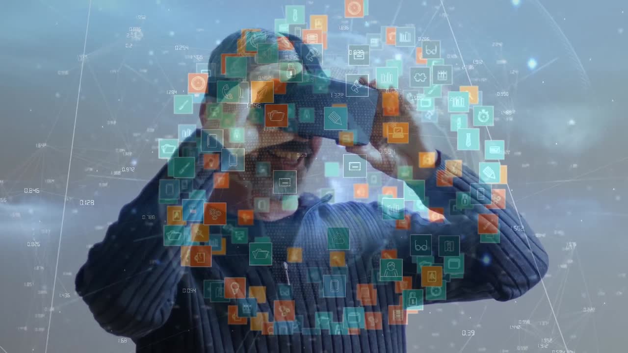 Animation of network of connections with icons over caucasian man wearing vr headset