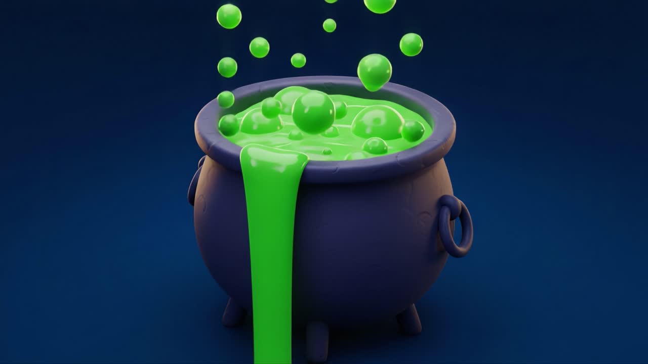 A vibrant green cauldron bubbling over with a mysterious liquid, creating an enchanting spectacle that captivates the viewer's imagination with its playful design and vivid colors