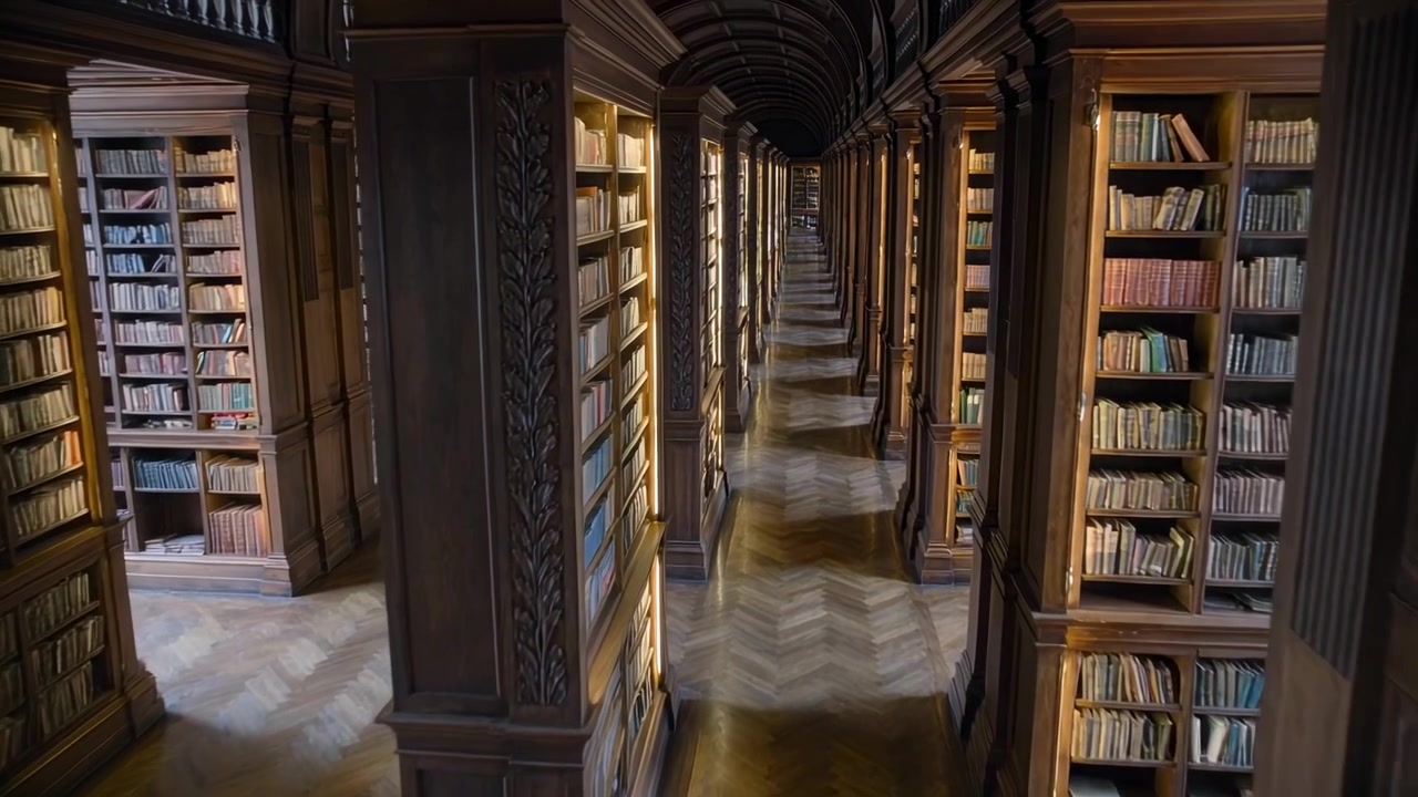 Gliding camera revealing central corridor down historic library, showing depth and book spines