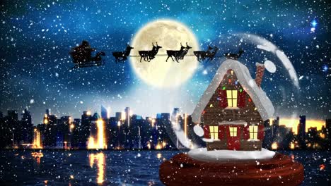 Christmas-animation-of-illuminated-hut-against-cityscape-4k
