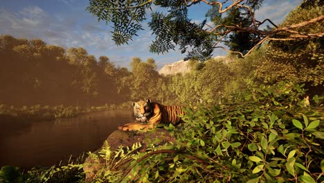 a tiger resting on a rock beside a river inside the jungle forest, with thick vegetation all around, 3d animation, animated scenery, wildlife animation, camera zoom in