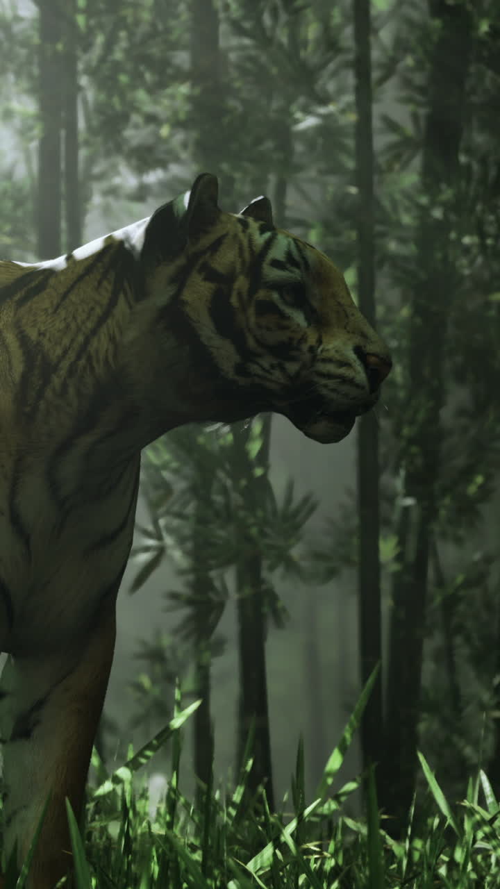 Tiger walking through a dense forest with green plants and trees