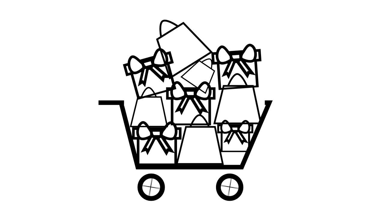 쇼핑 카트에 추가되는 품목, 크리스마스 선물 판매 개념 흑백