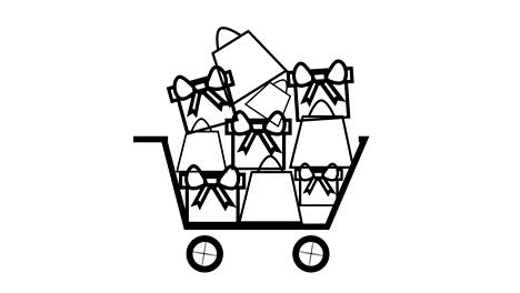items being added to shopping cart, christmas gift sales concept black on white
