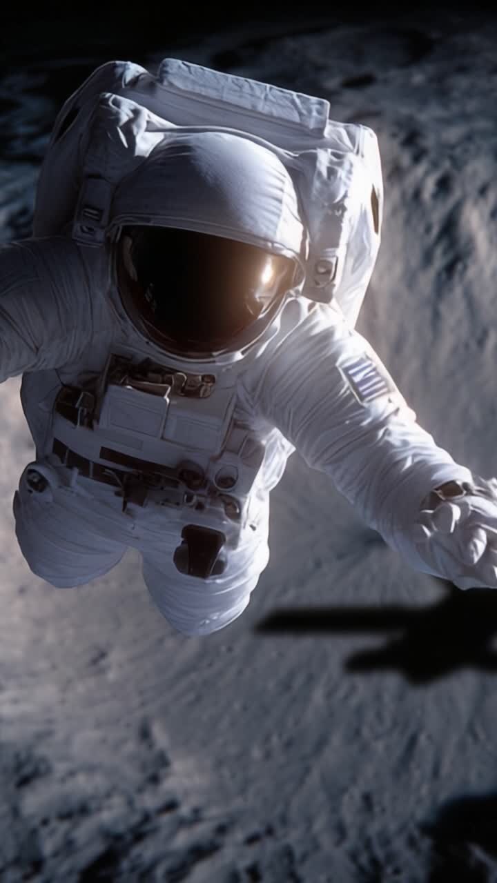 An astronaut in a space suit, floating in a lunar environment surrounded by the moon's surface features, capturing the beauty of cosmic exploration and adventure