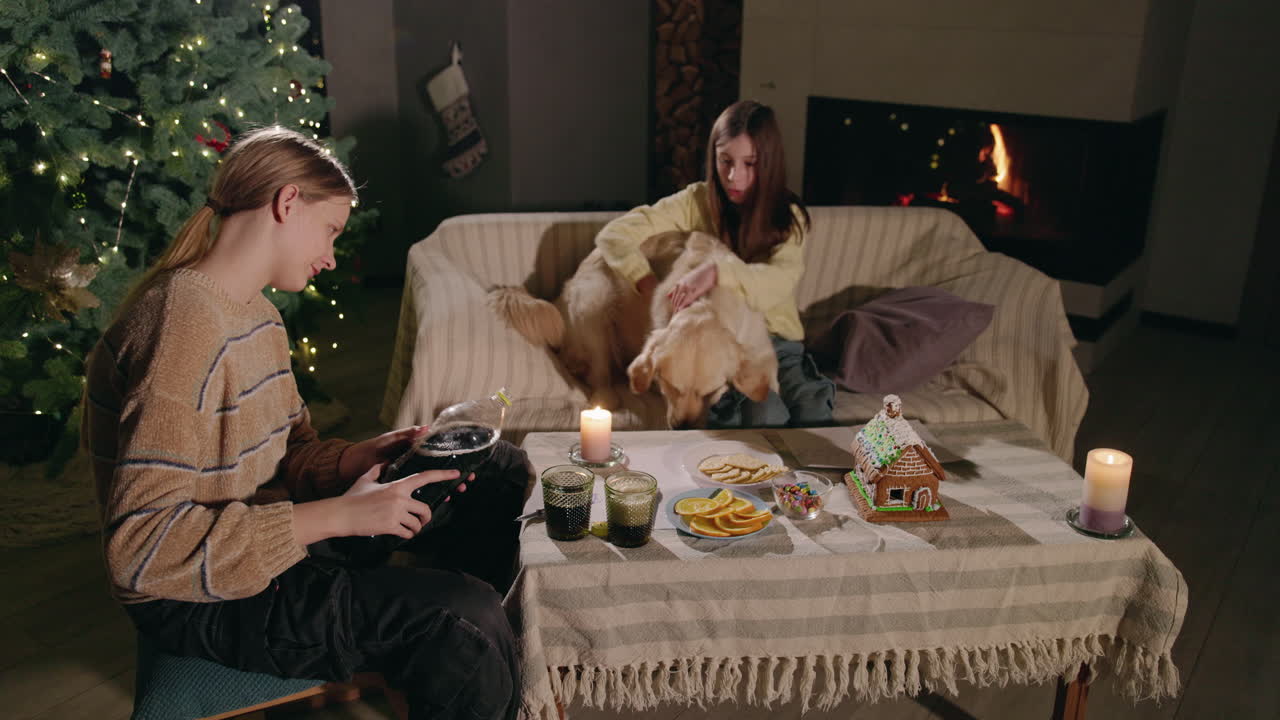 Girls with dog celebrating Christmas