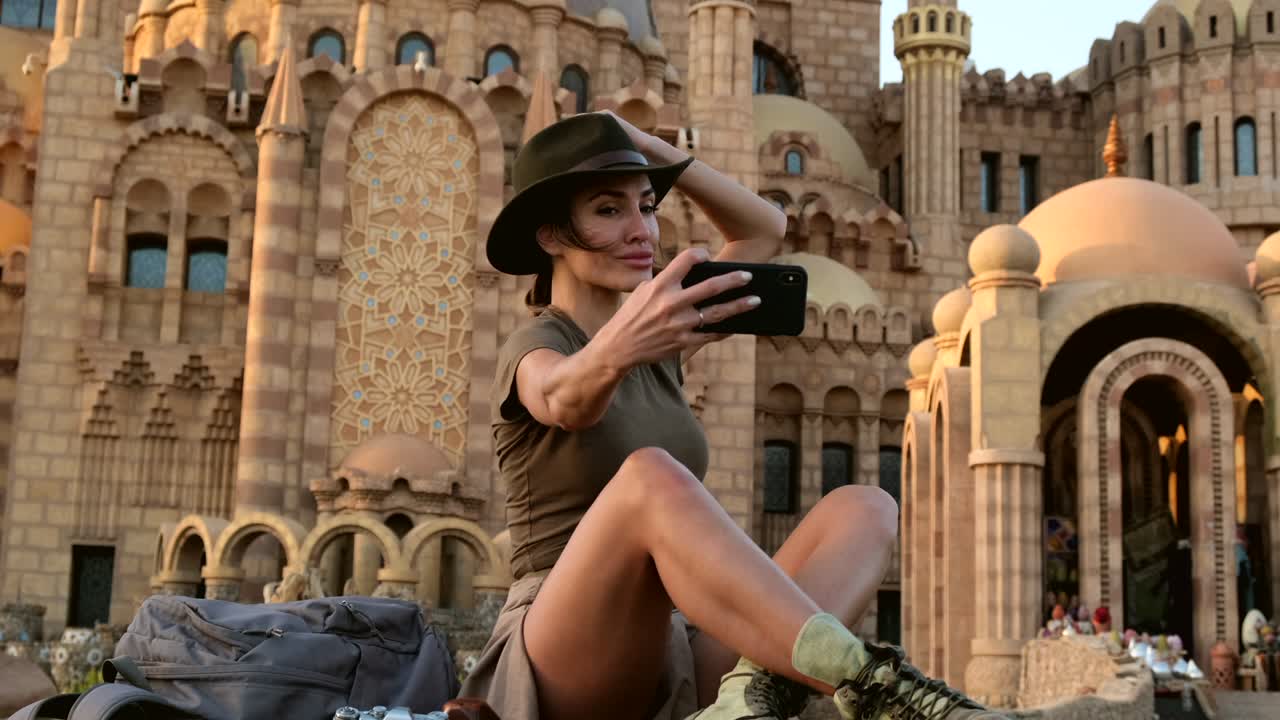 hermosa chica sentada con una cámara cerca de la mezquita del líbano