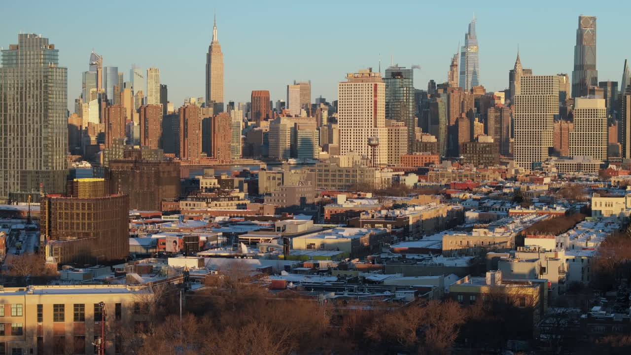 Aerial view of New York City on a winter morning. Shot in Brooklyn