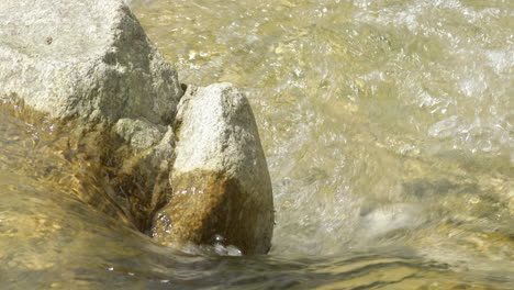 crystal-clear drinking water flows between a large stone in a river