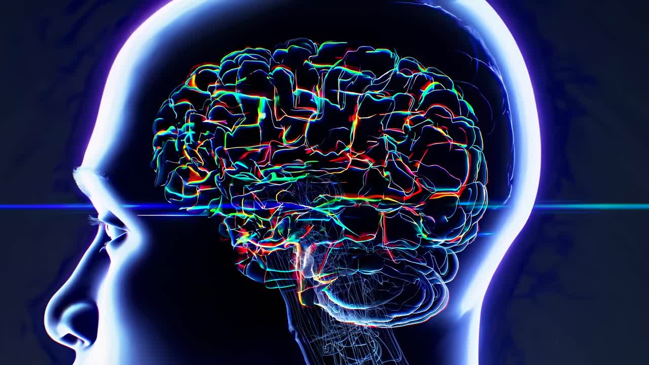 Side view of a human head with a glowing, multicolored brain, illustrating a futuristic concept