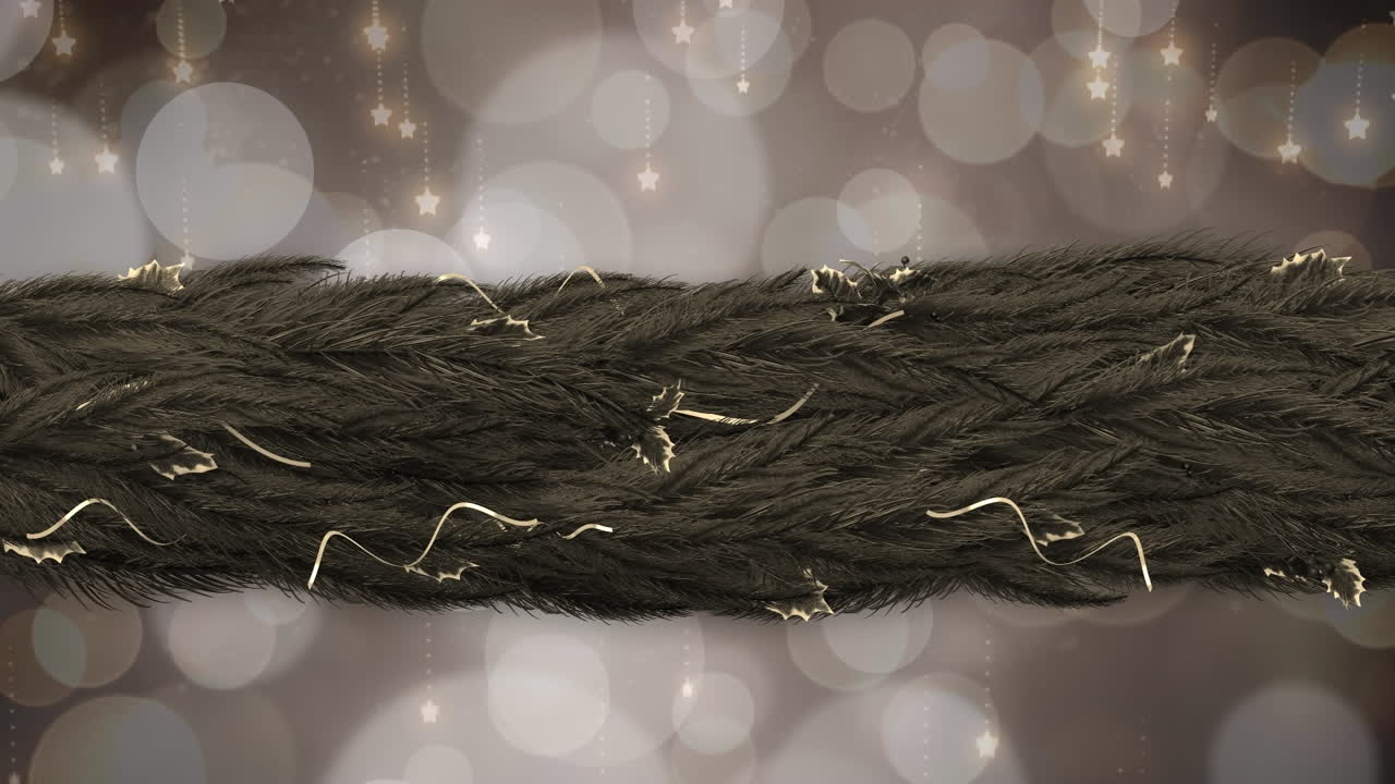 анимация светящихся звезд и белых светлых пятен с ветвью рождественского дерева и листьями.