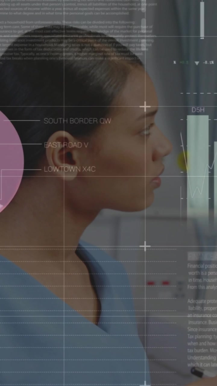 Vertical video: Medical data emerging, clinician turning head, checking charts, pie overlapping ear