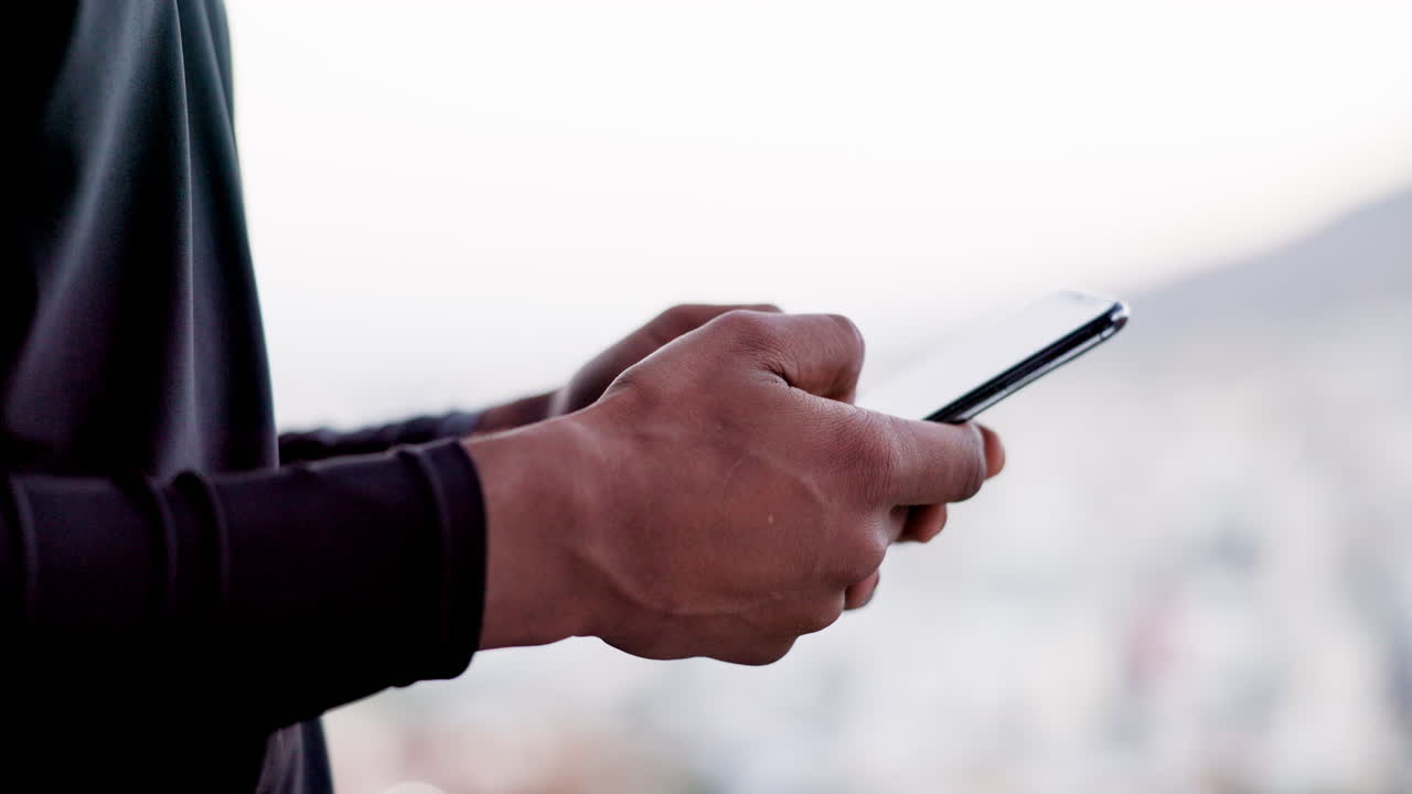 Phone, hiking and man hands typing on 5g