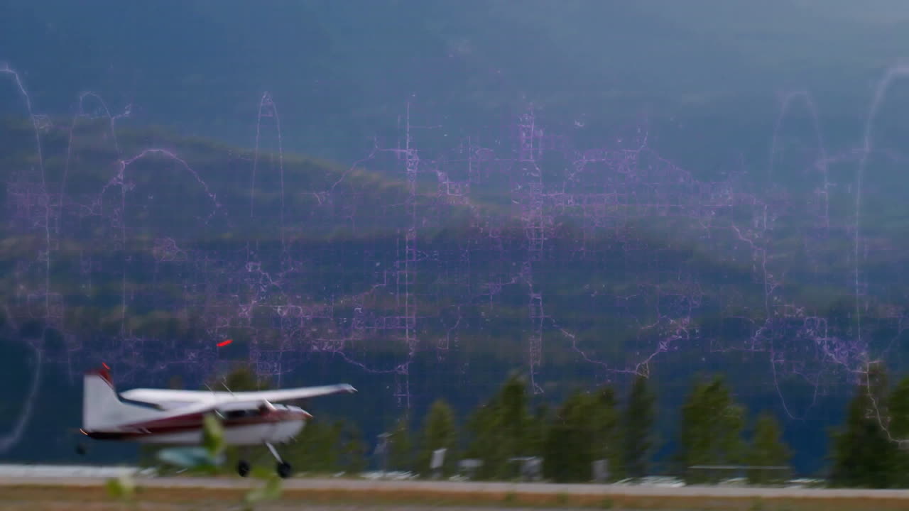 Propeller airplane being animated skimming paved runway, featuring purple circuit grid overlay