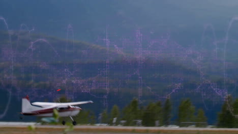 propeller airplane being animated skimming paved runway, featuring purple circuit grid overlay