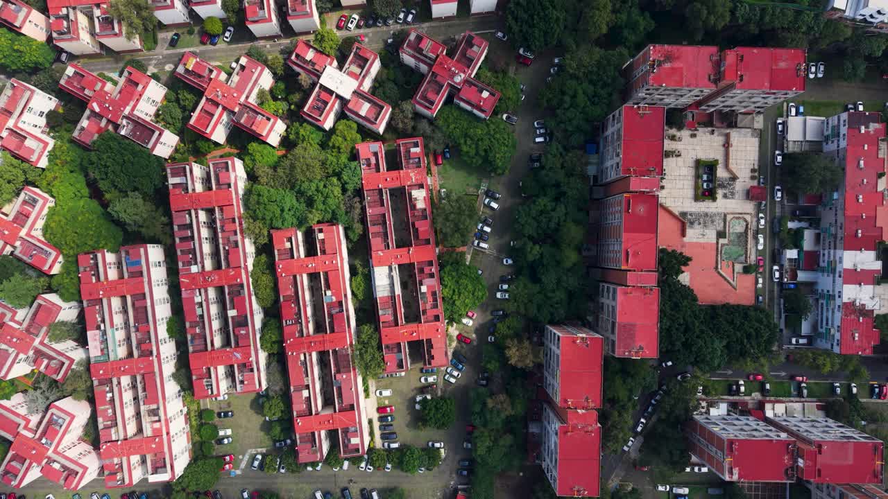 Drone footage showing a top-down view of condominiums in Mexico City