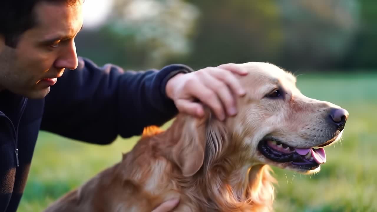 A Heartwarming Moment Between a Man and His Beloved Golden Retriever in a Tranquil Outdoor Setting, Capturing the Bond of Friendship and Loyalty