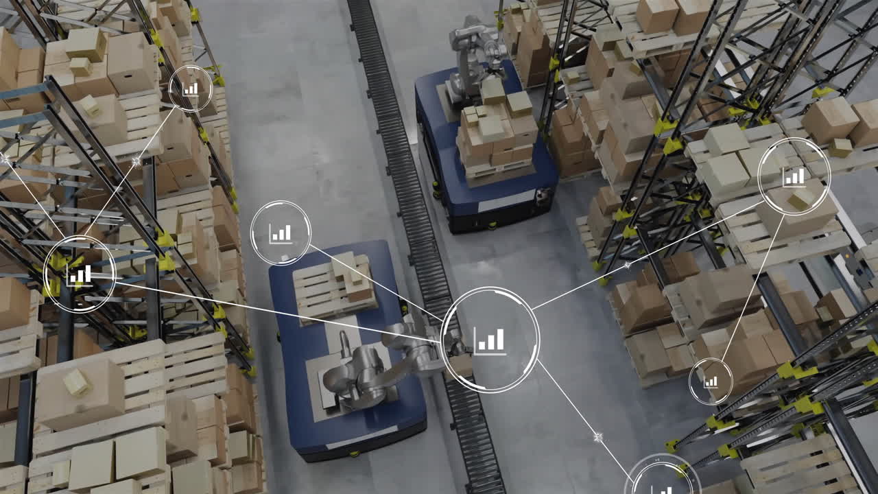 Animation of network of connections with icons over robot in warehouse