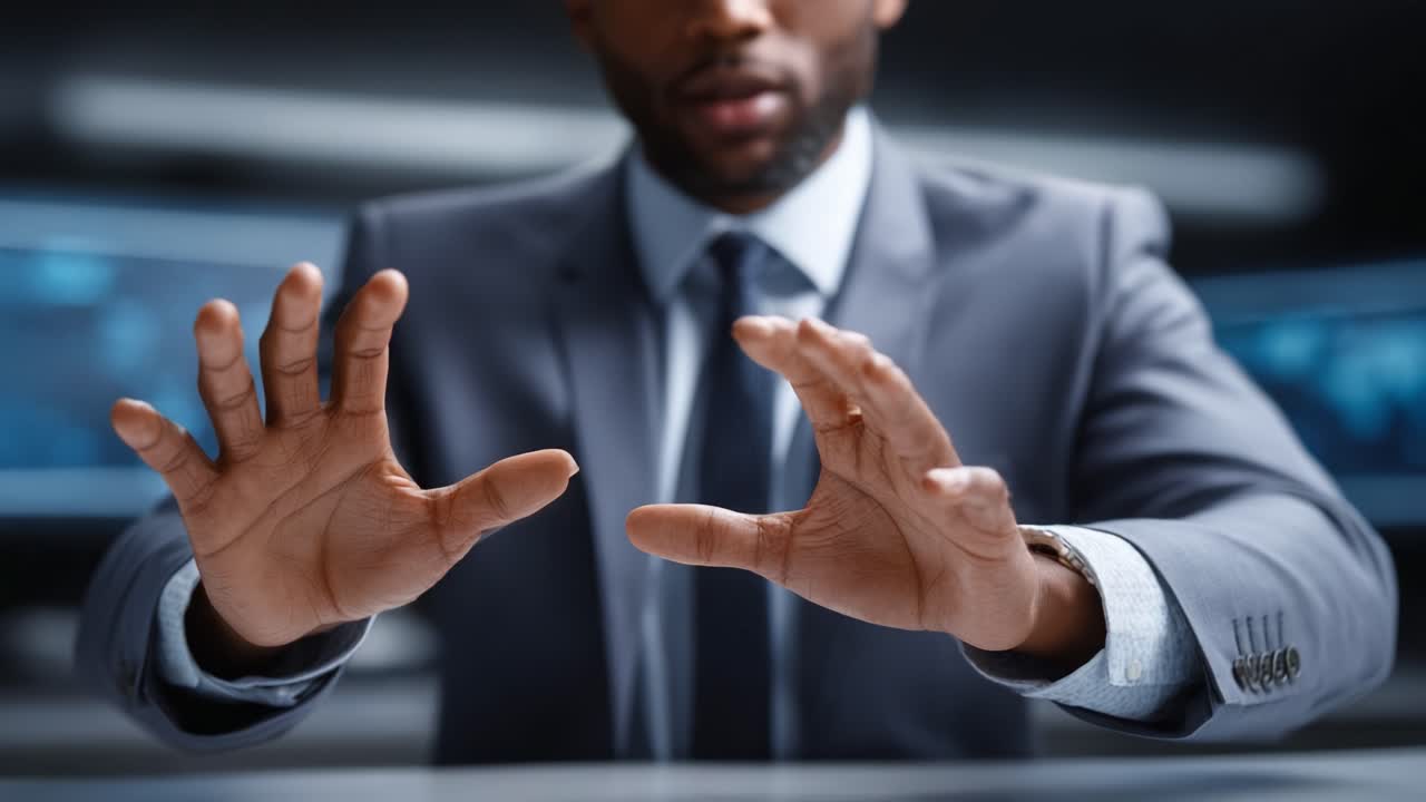 Un professionista concentrato che usa i gesti delle mani per trasmettere un messaggio importante, dimostrando coinvolgimento e comunicazione in un moderno ambiente aziendale