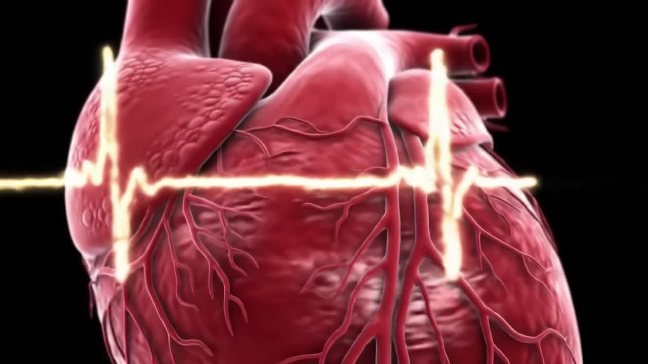 Detailed 3D Rendering of a Human Heart with Visible Vessels Accompanied by an EKG Waveform Illustrating Cardiac Activity in a Medical Context