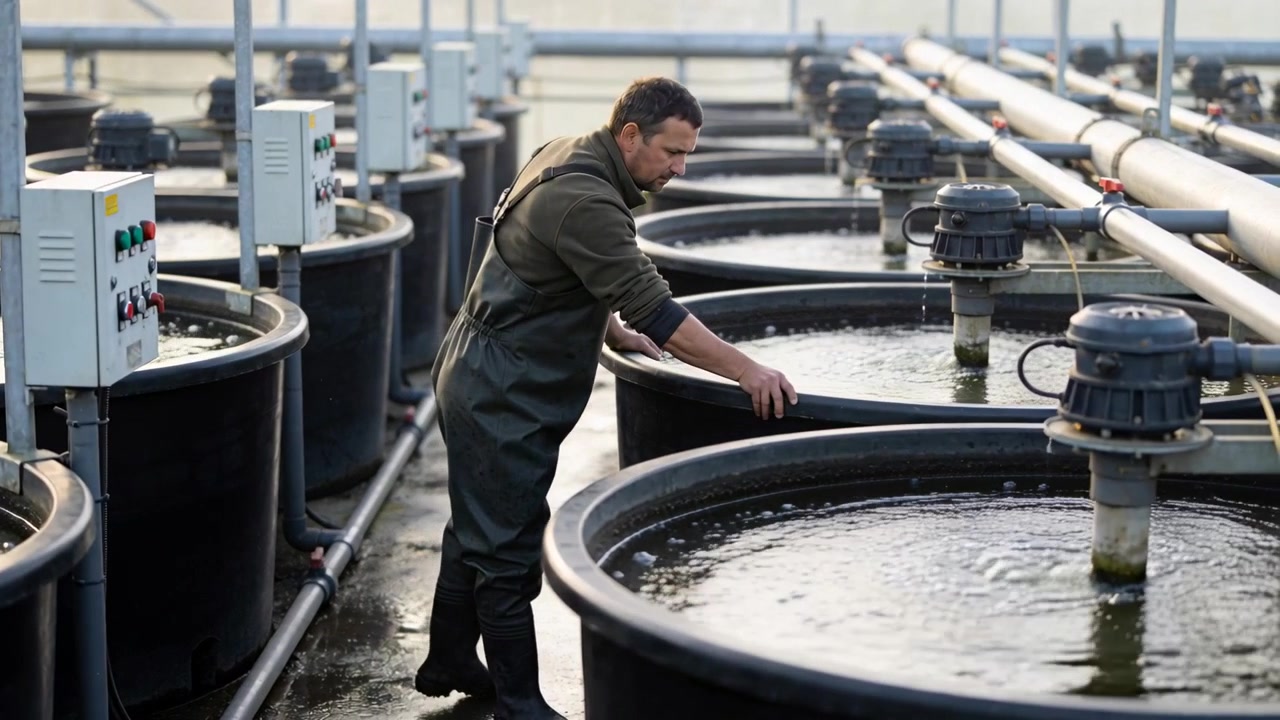 Walking tech in waders during routine check at hatchery, inspecting tanks and aerators, copy space