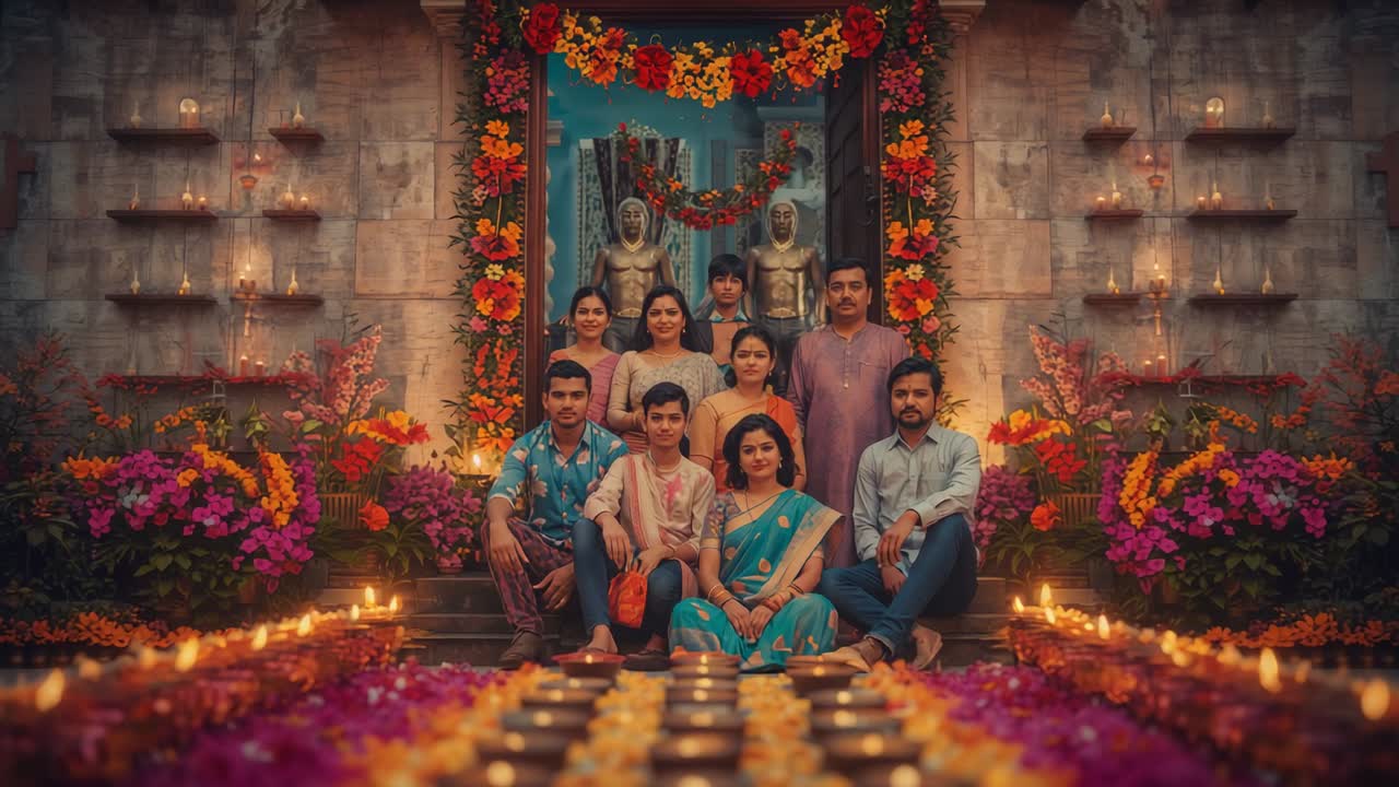Shifting focus revealing Indian family holding diyas on temple steps, festival garlands framing