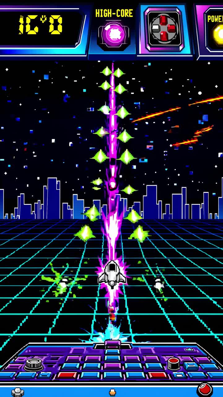 Retro pixel spaceship firing laser beams, soaring above futuristic cityscape with arcade joystick and buttons framing dynamic scene