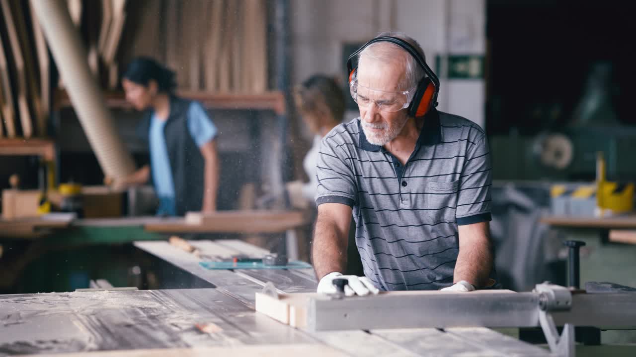 Senior Carpenter Cutting Wood on a Table Saw in a Workshop