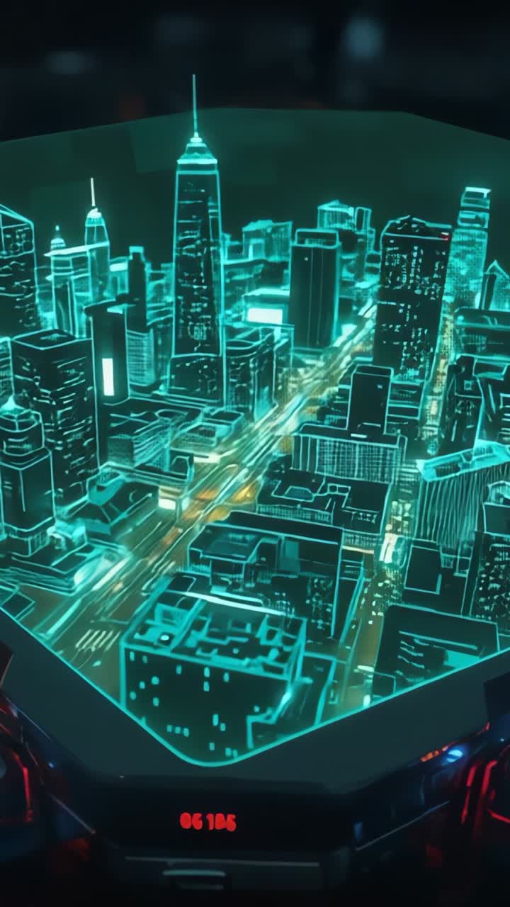 Vertical video: Projector powering city model rotating in control room with pulsing red display