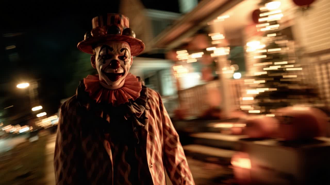 Mysterious Clown Stalks the Streets: An Eerie Encounter Captured in Two Haunting Frames of a Spooky Night Filled with Festive Decorations and a Sense of Unease