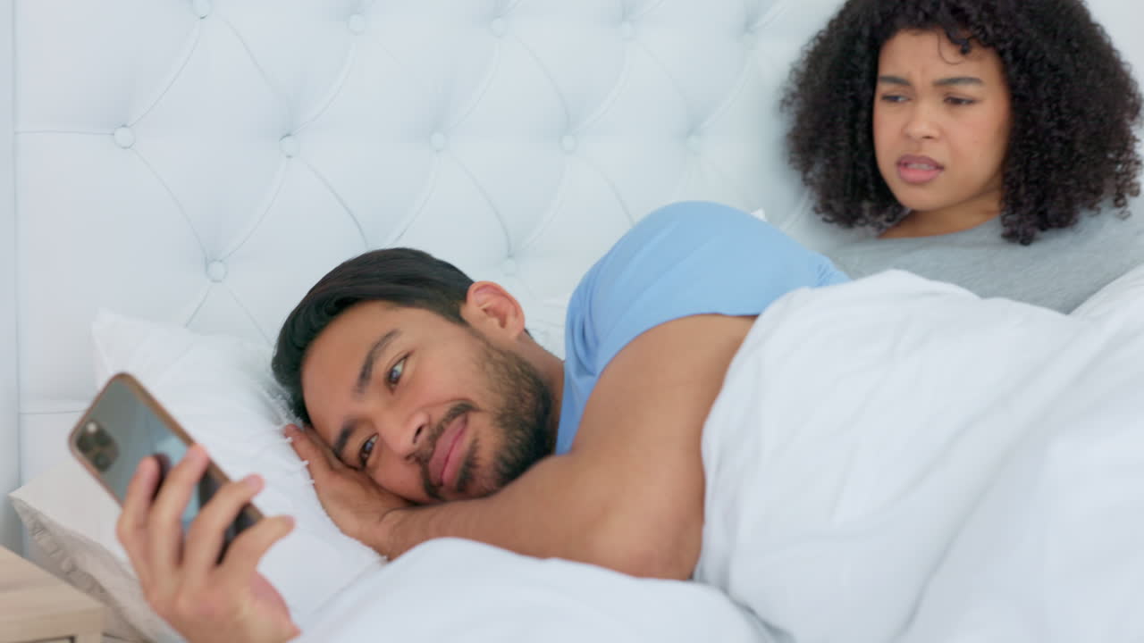 Man, bed and social media secret with phone