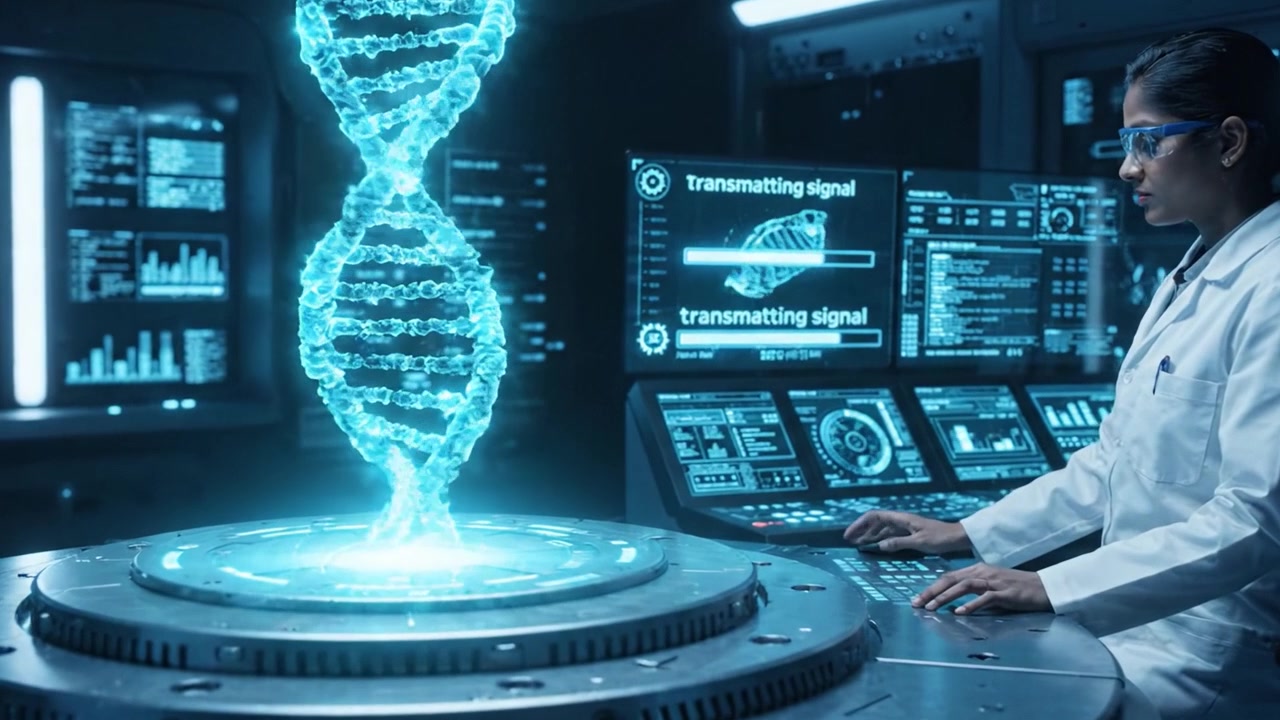Vědec monitoruje holografickou DNA šroubovici ve špičkové laboratoři, demonstrující pokročilý genetický výzkum a technologie přenosu dat
