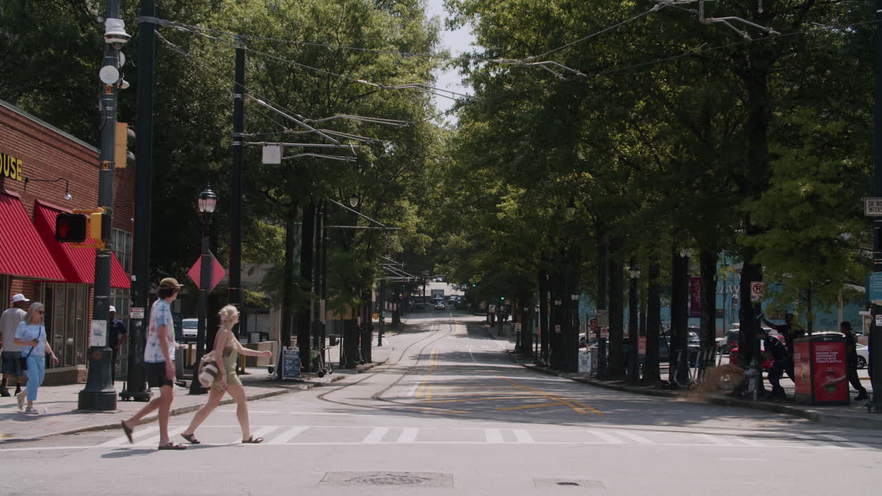 City Street Scene with People Crossing