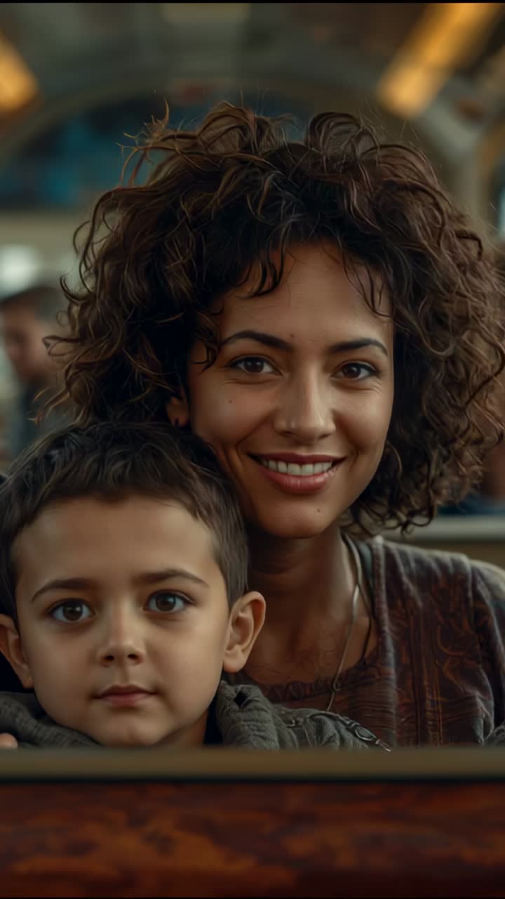 Vertical video: Leaning mother smiling and winking at son inside church, with pew and stained glass