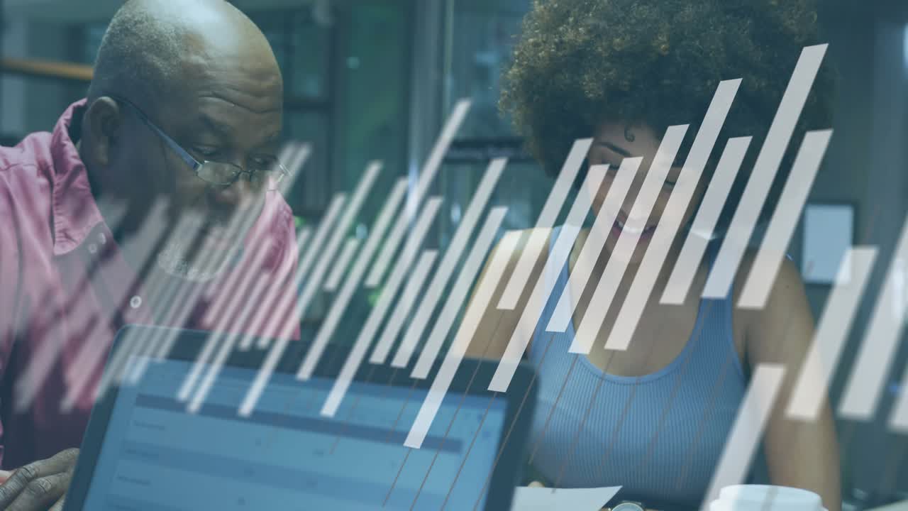 Senior leaning into laptop, woman writing, mentoring business, animated diagonal bars overlaying
