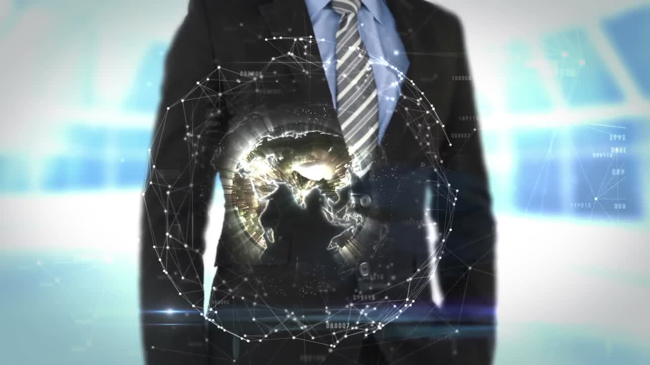 미래의 인터페이스 화면을 사용하는 사업가